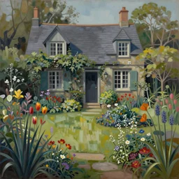 a gorgeous, fantastic, cottage garden by escher, victo ngai, thomas kincade, trending on artstation, artgerm, acrylic on canvas,! muted colors!,!! low contrast!!