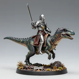 D&D, high detail, miniature of medieval knight riding a dinosaur, Lord of the Print, 28mm scale