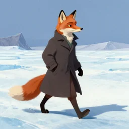 an anthropomorphic fox man wearing a long coat walking across a glacier, character illustration by Aaron Miller, Greg Rutkowski, thomas kinkade, Howard Pyle, disney, El Greco, Cynthia Sheppard