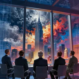 macro photograph large technology company executives gazing out through a large skyscraper window unto apocalyptical severe weather patterns, detailed ambient lighting, hyper realistic, vibrant colors, cinematic, blueprint art style, digital art painting by Alexandros Pyromallis, cinematic, 35mm grain filter, artstation
