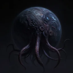 a dark colored planet, with shadow colored tentacles in the style of eldritch horror