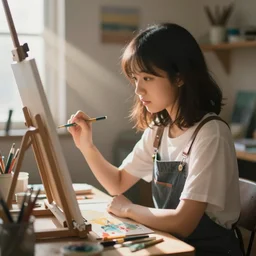 medium sensor, 88mm lense , depth of field, rim lights, anime, advanced digital art, soft blur, girl making a painting in a room filled with art supplies, sun rays coming in through a window on the left in the style of RossDraws.
