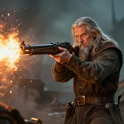 gandalf shooting with a machine gun, concept art, war, fire, dramatic, very detailed, trending on artstation, 4k