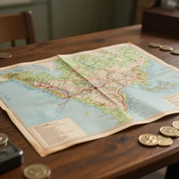 a map is on the table, measured pounds on the table, photorealistic, 3 d, octane, cinematic,