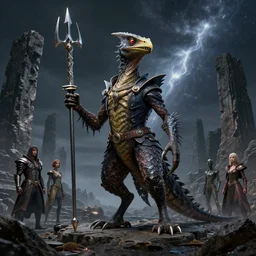 a reptile bird chimera hybrid with claws fangs bristles feathers tails wearing surreal clothes wielding excalibur, on a dark alien world with imposing stone ruins, during a meteor storm, in the style of boris vellejo, julie bell, giger, gerald brom, leng jun, fantasy, dramatic studio lighting, science fiction, octane render 8 k