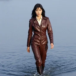 ektachrome, grainy, high resolution, telephoto, highly detailed : incredibly realistic, youthful asian demure walking on water, exquisite features, feminine cut, photo 1 9 7 0 s frontiers in flight leather suit cosplay fashion, boris vallejo, mario testino