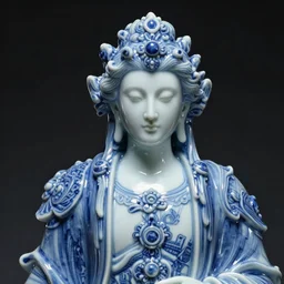 a close - up portrait of an ornate blue and white porcelain figure made out of white vitrified translucent ceramic ; china. reflective detailed textures. gloomy black background. highly detailed fantasy science fiction painting by moebius, norman rockwell, frank frazetta, and syd mead. rich colors, high contrast. artstation