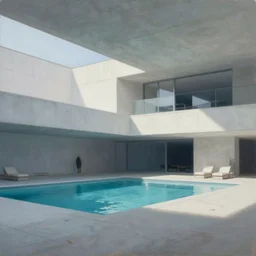 painting of interior shot of a white concerete brutalist house with big pools by darek zabrocki and greg ruthkowski, cinematic and cold atmospheric, archillect concept art, artstation, trending on artstation