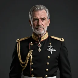 a well built aged man wearing a luxurious military uniform, highly detailed digital art, intricate, dark colors, moody lighting, 8 k
