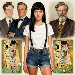 a woman with black hair and long pixie haircut in shorts with suspenders and white t-shirt drawn by Amedeo Modigliani, norman rockwell, frank frazetta, alphonso azpiri, maler collieri, peter paul rubens, alphonse mucha, gustav klimt 4k, unreal 5, DAZ, french noveau, trending on artstation, octane render, hyperrealistic