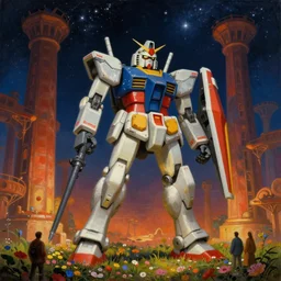 a beautiful painting of a large mechanical mecha gundam in a field of flowers by moebius, underneath a star filled night sky, harold newton, zdzislaw beksinski, donato giancola, warm coloured, gigantic pillars and flowers, maschinen krieger, beeple, star trek, star wars, ilm, atmospheric perspective