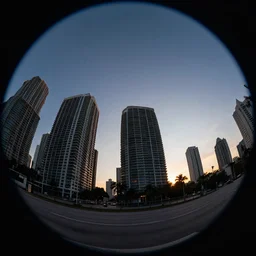 miami background by simon stalenhag and boticelli, sunset, clear sky, sharp focus, dark lighting, digital art, fish eye