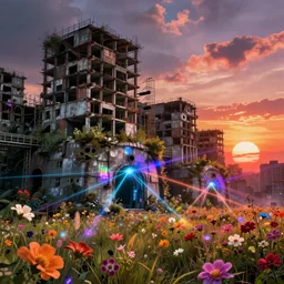 a beautiful photorealistic illustration of city abandoned bunker nature unfinished building urbex architecture industrial architecture building by canaletto, fantasy flowers meadow infrared laser synthwave sunset thermal imaging vaporwave retro evil lightpaint, archdaily, wallpaper, highly detailed, trending on artstation.