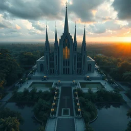 cathedral, designed by frank lloyd wright, surrounded by concrete and sprawling jungle, water ponds, volumetric lighting, sunset, metal, concrete, glass, cloudy skies, artstation, 8 k, photorealistic, finely detailed, unreal engine 5, imax, cinematic, epic, in the style of greg rutkowski