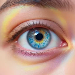 A close-up of a human eye, with a brightly-colored iris. The background is a swirl of colors, as if seen through a kaleidoscope.