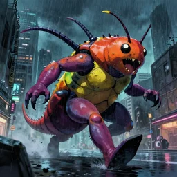 a massive colorful bug creature kaiju running through a city center, dark, horror, action, rain storm, by makoto shinkai an krenz cushart