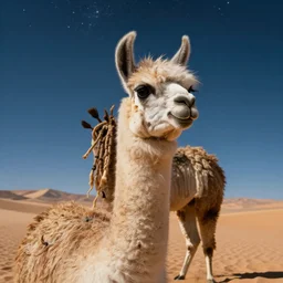 llama with dreadlocks, desert, starfall in the night sky on background, hyperrealistic illustration
