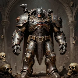 batman warhammer 4 0, 0 0 0 4 0 k emperor armor realistic anthropomorphic dreadnaught scifi cyberpunk, gothic, horror, arches, skulls, colonial marine, gundam armor, visible face and full body portrait art by donato giancola and greg rutkowski, vintage retro scifi, realistic face, digital art, trending on artstation, symmetry syd mead, vincent di fate, michael whelan, john berkey