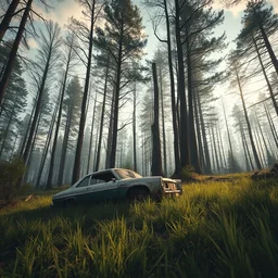 vivid, beautiful, huge scene, concept art, cinematic view, detailed, an abandoned old car in the woods, volumetric, by jordan grimmer, art greg rutkowski, godrays, warm lighting, trending on artstation, epic sky, low angle, grass, high detail