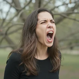 3 d medium shot photo, double exposure, woman yelling, tree branches