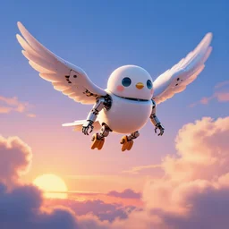 a robot house martin flying in the sky, sunset, mechanical cute bird, wide tail, fluffy clouds, beautiful digital art, pixiv