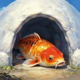a scene of a giant koi fish sleeping in the entrance of an igloo, digital painting, masterpiece, work of art, extreme detail, beautiful, cute, gorgeous, wonderfully brilliant, rule of thirds, excellent composition, by Greg Rutkowski, Thomas Kinkade, SEGA, CAPCOM, SNK, Studio Trigger, Studio Ghibli