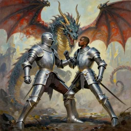 Kanye west as a knight in shining armor fighting a large dragon, painting trending on artstartion