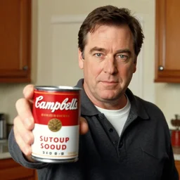 Bruce Campbell holding can of campbell soup to the camera, 4k,