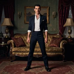 detailed cinematic moody colors studio portrait of a victorian freddy mercury in a victorian living room, high quality by jeremy mann, only one full body single portrait