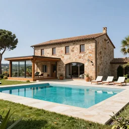 award winning photo of an ultra detailed high quality!! a renaissance tuscan farmhouse with modern glass and timber extension, swimmingpool on the hill in the dordogne in france, beautiful colorful sunset. summer at sunset, highly detailed, highly intricate, depth of field, beautiful landscape, award winning