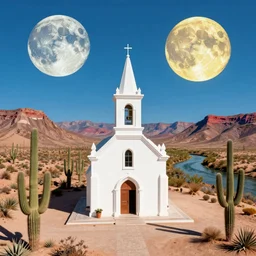 a white church standing alone in the chihuahuan desert, cacti, surrounded by hills, a river, two giant moons fill the sky, pop art, highly detailed.