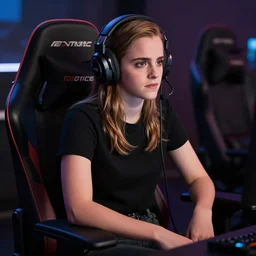emma watson wearing a gaming headset photo sitting on gaming chair dramatic lighting