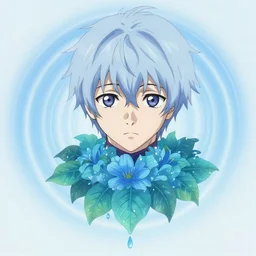 rei ayanami, the android kannon mindar from japan in a lush flora of water dripping leaves and echoing blue rings of sound emanating from the center of the screen with a faint turquoise glowing aura fractal pearlescent iridescent surrealist turbulent bismuth glitchart luminism romanticism by john william waterhouse beksinski finnian macmanus ruan jia