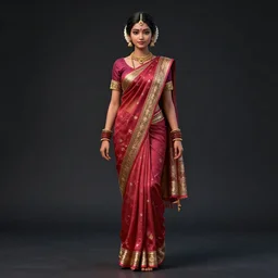 realistic full body photo of anime character beautiful south asian tradisional girl in saree, only one girl in photo, dark smooth background, very sharp focus, in the style of greg rutswoski, very hyper realistic, highly detailed, fantasy art station