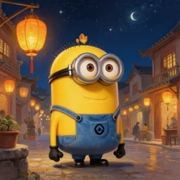 a beautiful painting of a minion resembling millie bobby brown at the lantern festival in a an ancient italian town, at night with a sky full of stars, intricate, elegant, highly detailed, digital painting, artstation, concept art, by krenz cushart and artem demura and alphonse mucha
