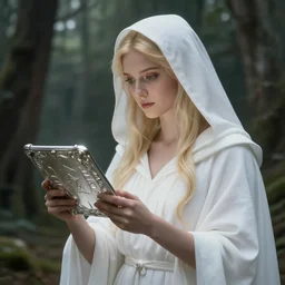 portrait of the goddess of memory recording history on a silver tablet in a forest, white hood, white dress, blonde, fantasy, magical, realistic, spiritual, supernatural, detailed and intricate, elegant, majestic, highly detailed, digital painting, trending on artstation, by wlop, 4 k octane render