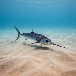 professional beach underwater photo similar to level of donkey kong country, by discovery magazine, sand waves, real swordfish underwater, real life, photorealistic, soft focus, long exposure