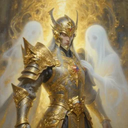 intricately decorated paladin with ghost duo, golden, ethereal back light, mist, coherent composition, close up, fantasy painting by artgerm, noriyoshi ohrai, yuumei