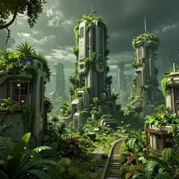 an abandoned futuristic green city, with plants and forest, 4 k, digital art, trending on artstation, dramatic, highly detailed