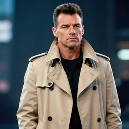 hyperrealistic transcendental rick astley wearing iconic beige trench coat, bladerunner, rtx on, unreal engine 5, aperture 1. 2, bokeh