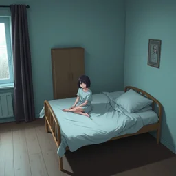 a film still of lone anime girl in white tshirt is sitting on poor bed in pale colors room in dark russian flat, perfect faces, fine details, anime, stephan koldi
