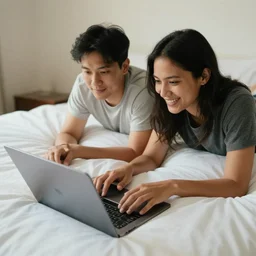 man and woman in bed working on their laptops