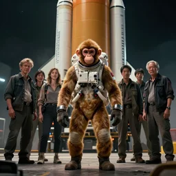 an astronaut monkey in front of spacex falcon 9, by john william godward and anna dittman and laurie greasley and victo ngai and taro okamoto and caspar david friedrich, full body portrait atmospheric lighting, intricate detail, cgsociety, hyperrealistic, octane render, rpg portrait, ambient light, dynamic lighting