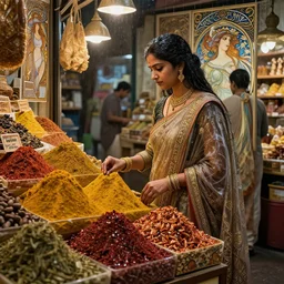 an indian woman shopping at a spice market at night, wet, shiny, fantasy, intricate, elegant, hyper detailed, ultra definition, photoreal, artstation, unreal engine rendered, concept art, smooth, sharp focus, illustration, art by artgerm and greg rutkowski and alphonse mucha and garis edelweiss