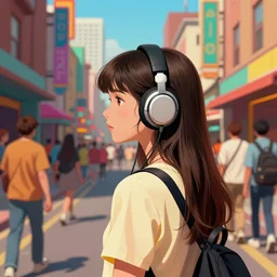 young slender girl with headphones in densely packed city street from behind, psychedelic 70s comic book artstyle