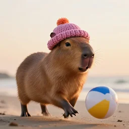 a closeup photorealistic photograph of a cute smiling knitted capybara chasing a beachball at sunset. professional capture. this 4 k hd image is trending on artstation, featured on behance, well - rendered, extra crisp, features intricate detail, epic composition and the style of unreal engine.