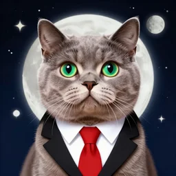 portrait illustration of funny brittish cat with big green eyes, in the tuxedo and red tie, space and moon on the background by jeremiah ketner, quint buchholz, wlop, dan mumford