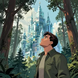 western comic book art of a man in a jacket in a forest looking up at a glass castle, epic, inked, illustration