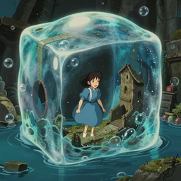 realistic interior shot from howl's moving castle ( 2 0 0 4 ) of a cubic bubble time portal warping a flooded atlantis, cartoon, depth of field.