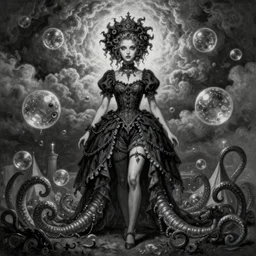 By Tom Bagshaw, ultra realist soft painting of a curiosities carnival bubbles and tentacles by night, very beautiful female dollpunk in full gothic dress, symmetry accurate features, very intricate details, omnious sky, black and white, volumetric light clouds